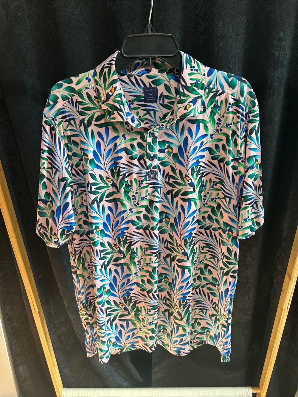 Men's Leaf-Print Polo Shirt in Green & Blue - Casual, Breathable